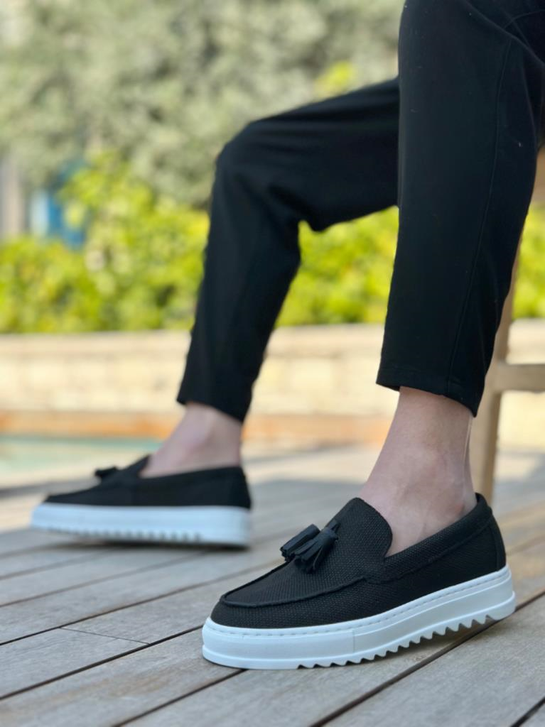 BA0154  Bağcıksız Yüksek Taban Keten Siyah Renk Püsküllü Erkek AyakkabıBA0154  Bağcıksız Yüksek Taban Keten Siyah Renk Püsküllü Erkek Ayakkabı