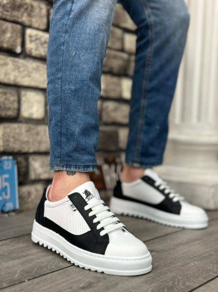 BA0323  Kalın Tırtık Yüksek Taban Beyaz Siyah Bağcıklı Spor Erkek AyakkabıBA0323 BOA Kalın Tırtık Yüksek Taban Beyaz Siyah Bağcıklı Spor Erkek Ayakkabı