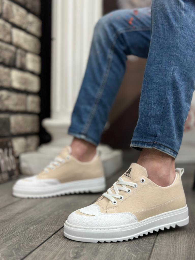 BA0328  Kalın Yüksek Taban Smile Desenli Krem Spor Erkek AyakkabıBA0328 BOA Kalın Yüksek Taban Smile Desenli Krem Spor Erkek Ayakkabı