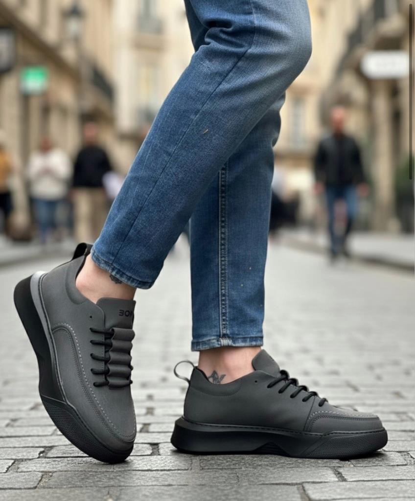 BA0332 Merdiven Desen Bağcıklı Erkek Yüksek Taban Füme Cilt Spor Ayakkabı