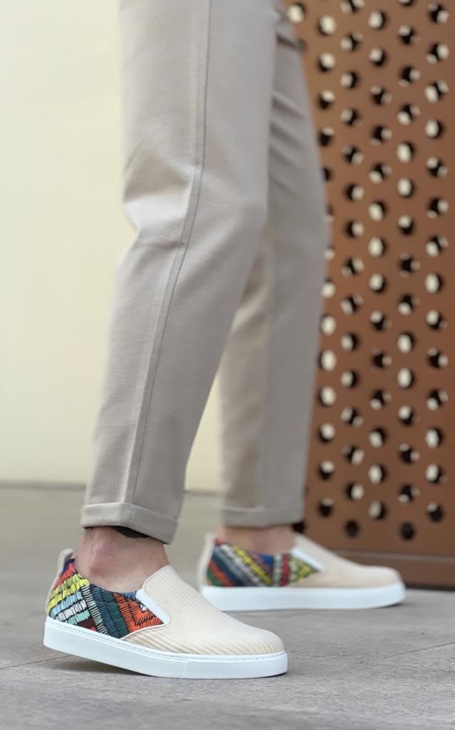 BA0339 Bağcıksız Keten Krem Renkli Desenli Beyaz Taban Günlük Erkek AyakkabıBA0339 Bağcıksız Keten Krem Renkli Desenli Beyaz Taban Günlük Erkek Ayakkabı