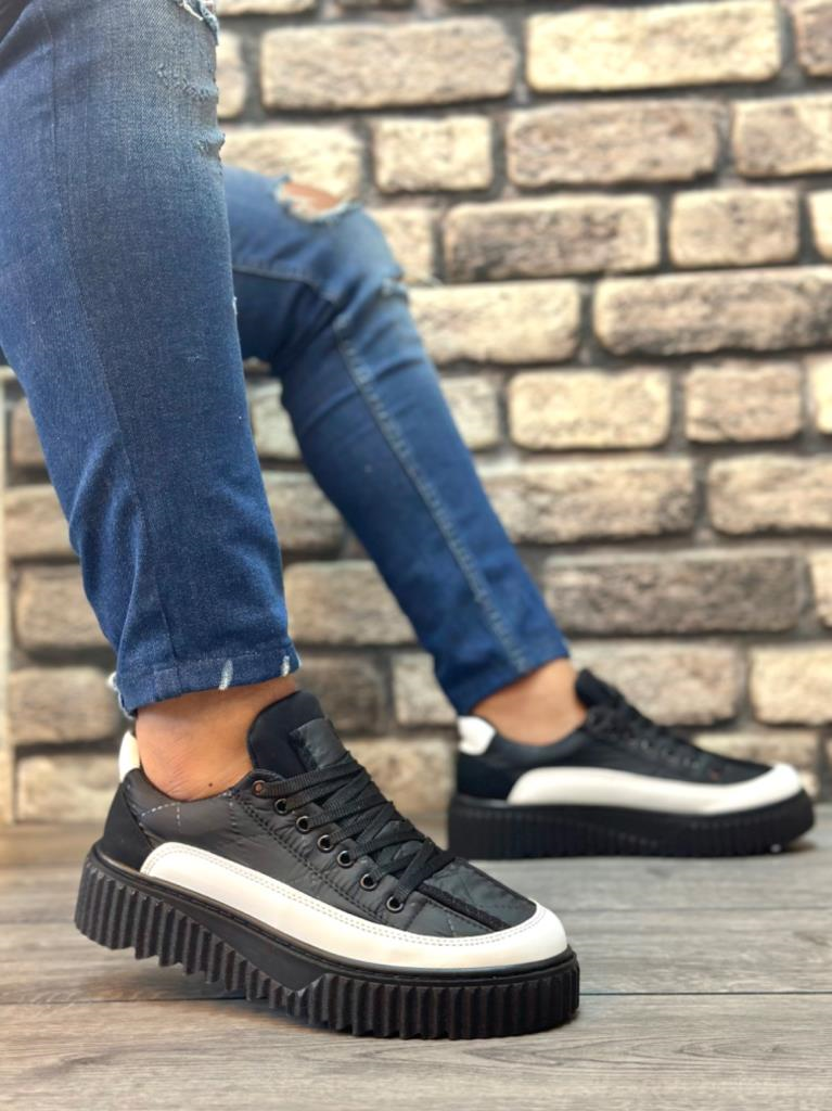 BA0801  Yüksek Taban Siyah Paraşüt Kumaş Beyaz Cilt Detaylı Erkek AyakkabıBA0801 BOA Yüksek Taban Siyah Paraşüt Kumaş Beyaz Cilt Detaylı Erkek Ayakkabı