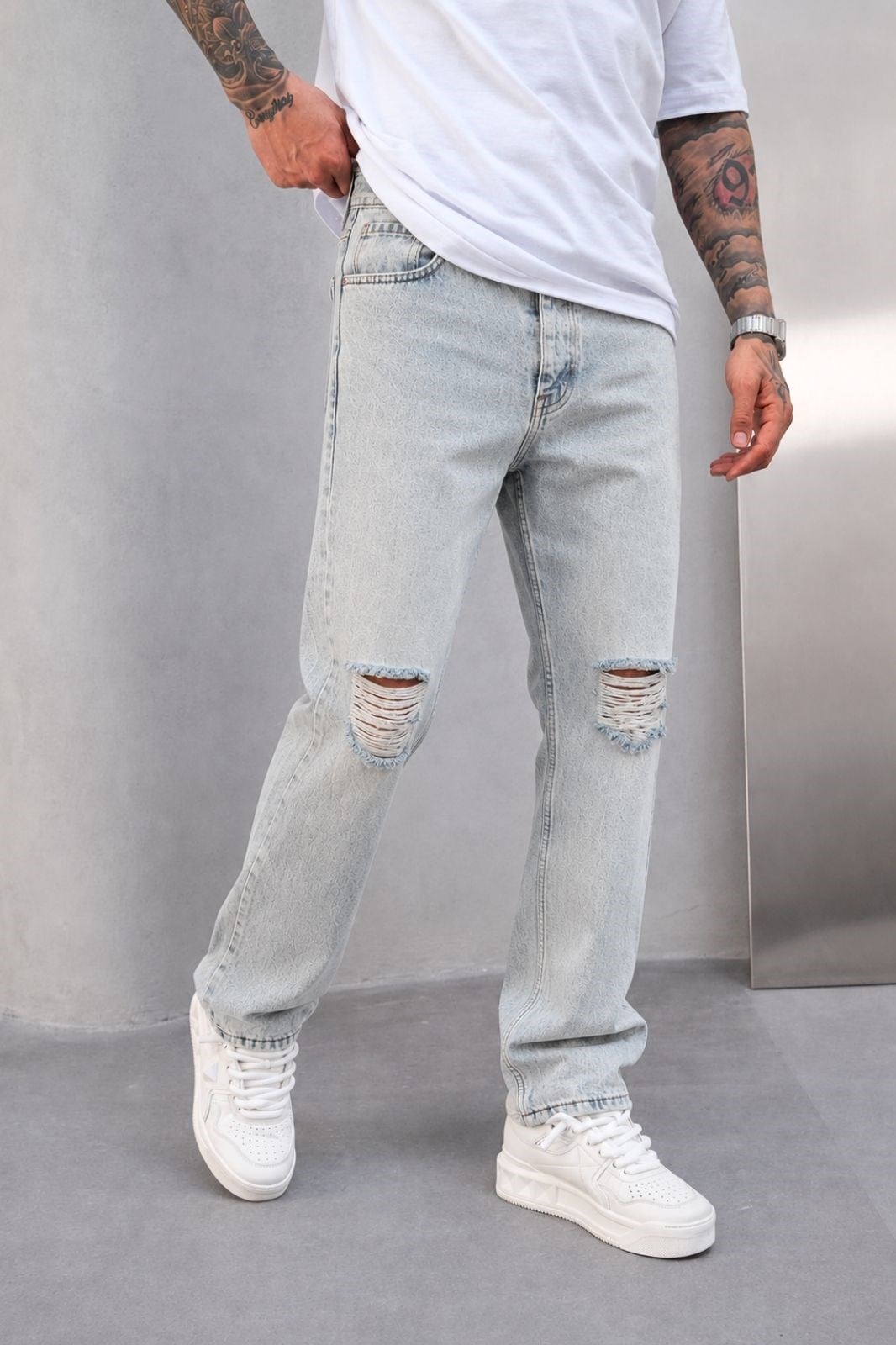 Baggy Diz Yırtmaçlı Buz Kot Pantolon
