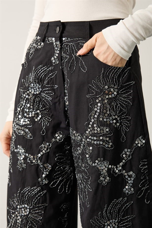 BPM DESIGN İŞLEMELİ BALON PANTOLON - Siyah