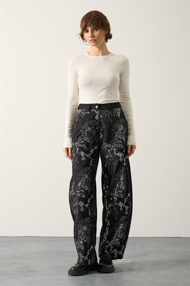 BPM DESIGN İŞLEMELİ BALON PANTOLON - Siyah