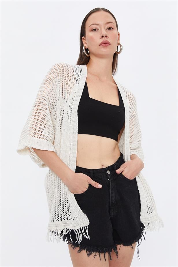 BPM Handmade Örme Kısa Kol Kadın Kimono Ekru