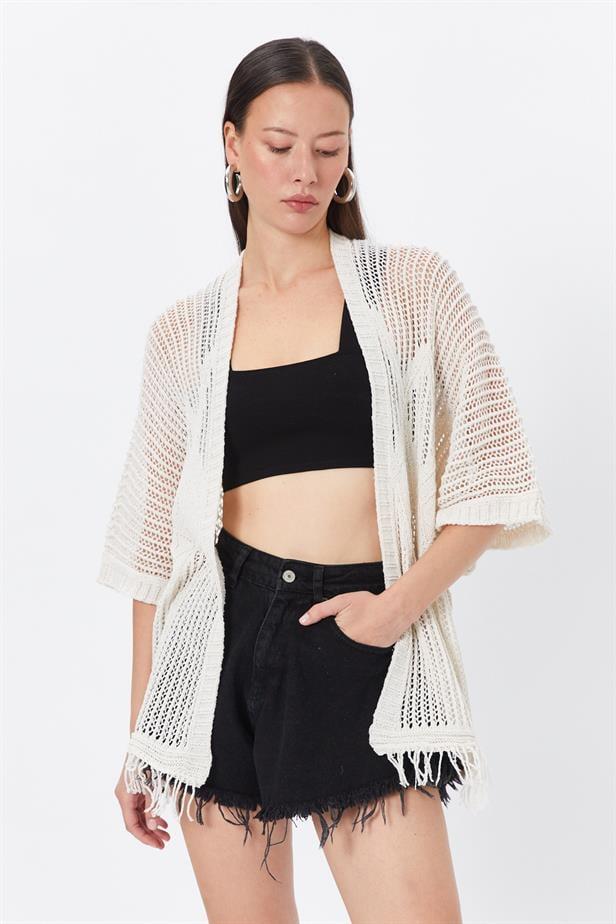 BPM Handmade Örme Kısa Kol Kadın Kimono Ekru