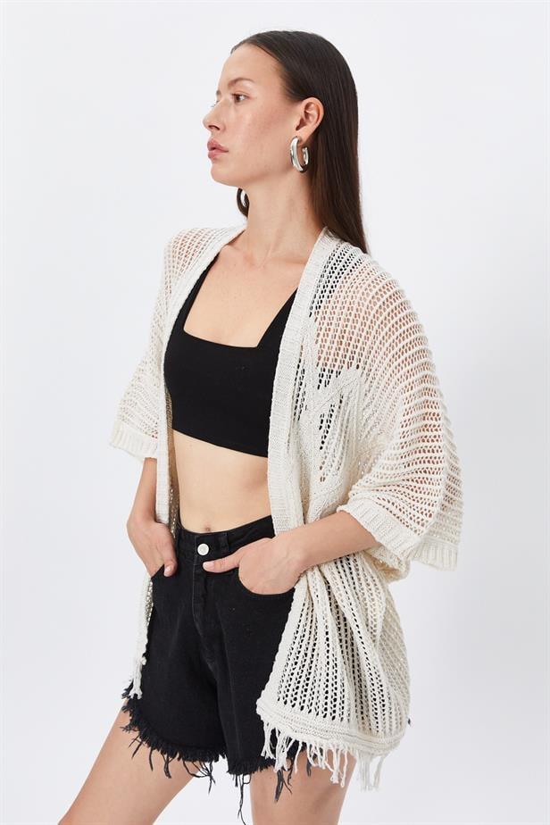 BPM Handmade Örme Kısa Kol Kadın Kimono Ekru