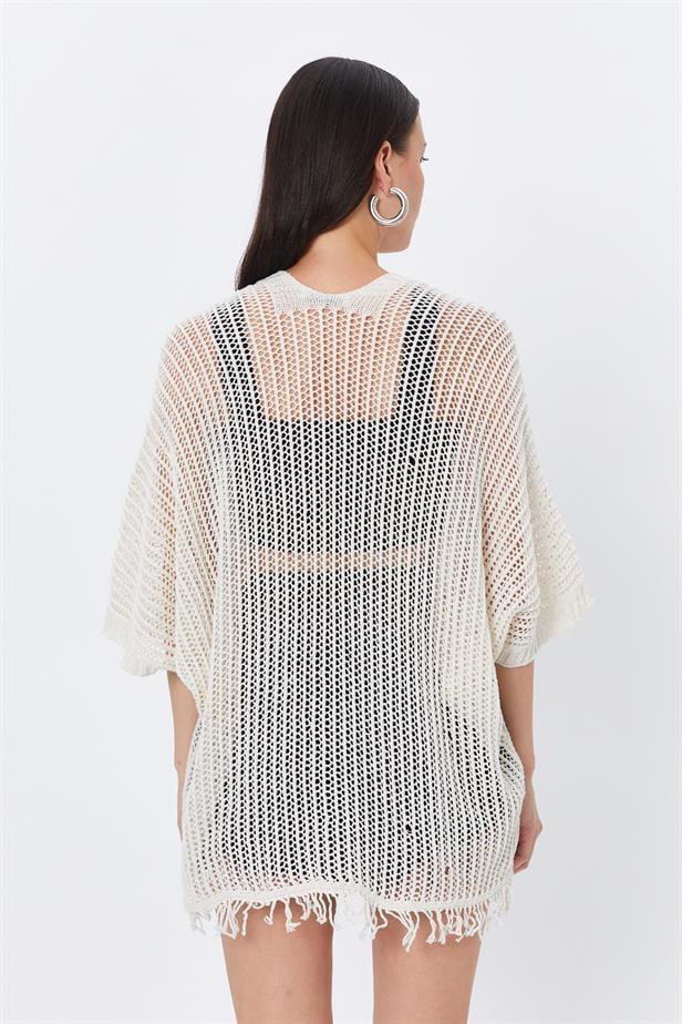 BPM Handmade Örme Kısa Kol Kadın Kimono Ekru