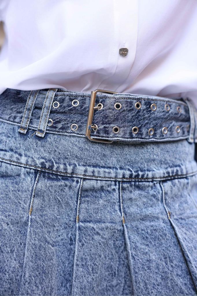 BPM Kemerli Pileli Denim EtekBPM Kemerli Pileli Denim Etek