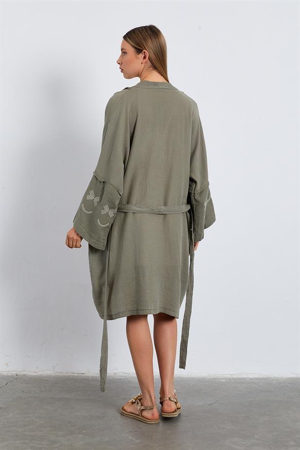 BPM Kolları Nakışlı Kimono - HAKİ