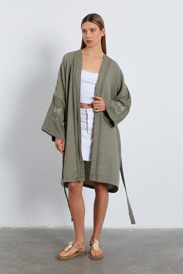 BPM Kolları Nakışlı Kimono - HAKİ
