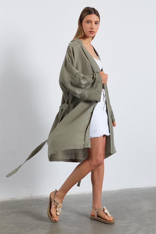 BPM Kolları Nakışlı Kimono - HAKİ