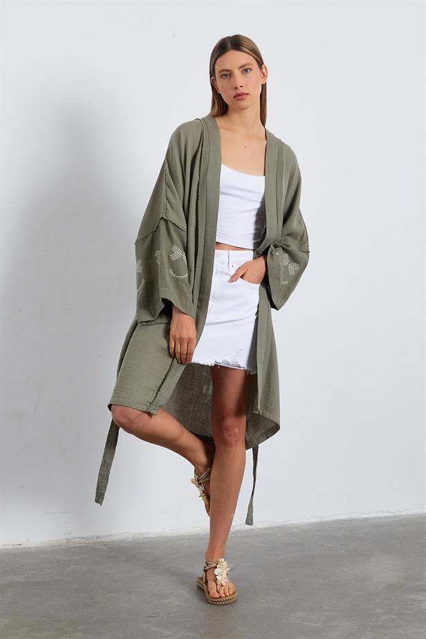 BPM Kolları Nakışlı Kimono - HAKİ