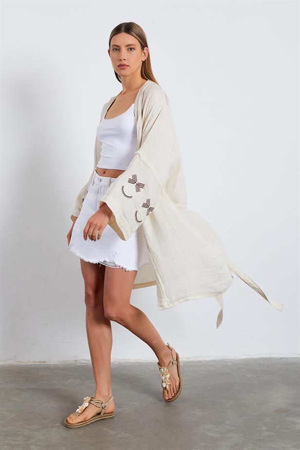 BPM Kolları Nakışlı Kimono - NATÜR