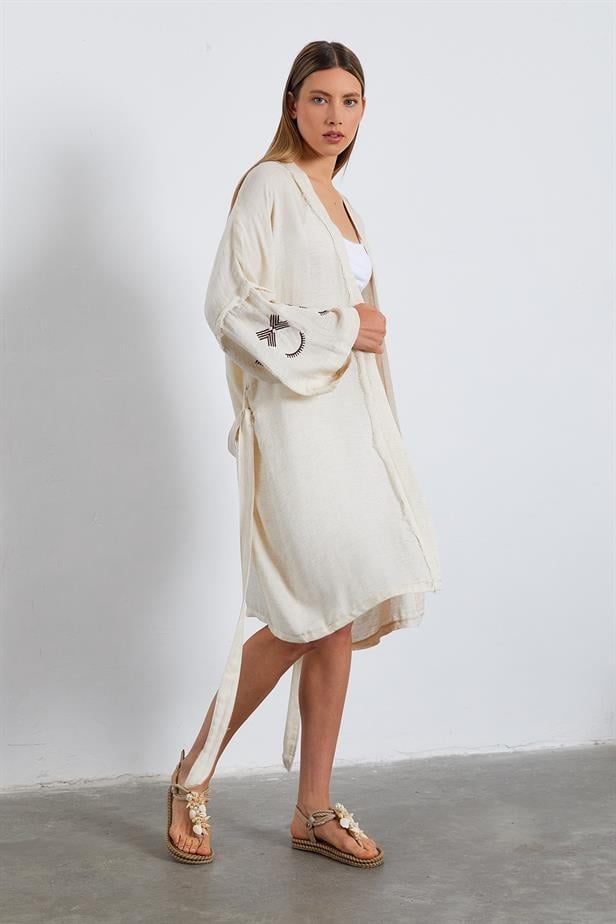 BPM Kolları Nakışlı Kimono - NATÜR