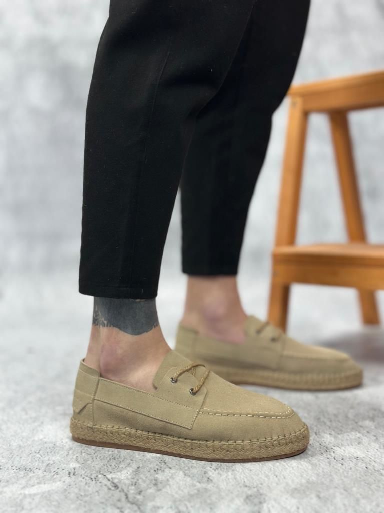 Doğal Deri Tozu Bağcıklı Kauçuk El Yapımı Espadril Taban Bej Renk Erkek AyakkabıDoğal Deri Tozu Bağcıklı Kauçuk El Yapımı Espadril Taban Bej Renk Erkek Ayakkabı