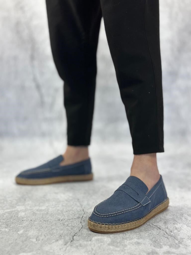 Doğal Deri Tozu Bağcıksız Kauçuk El Yapımı Espadril Taban Mavi Renk Erkek Ayakkabı