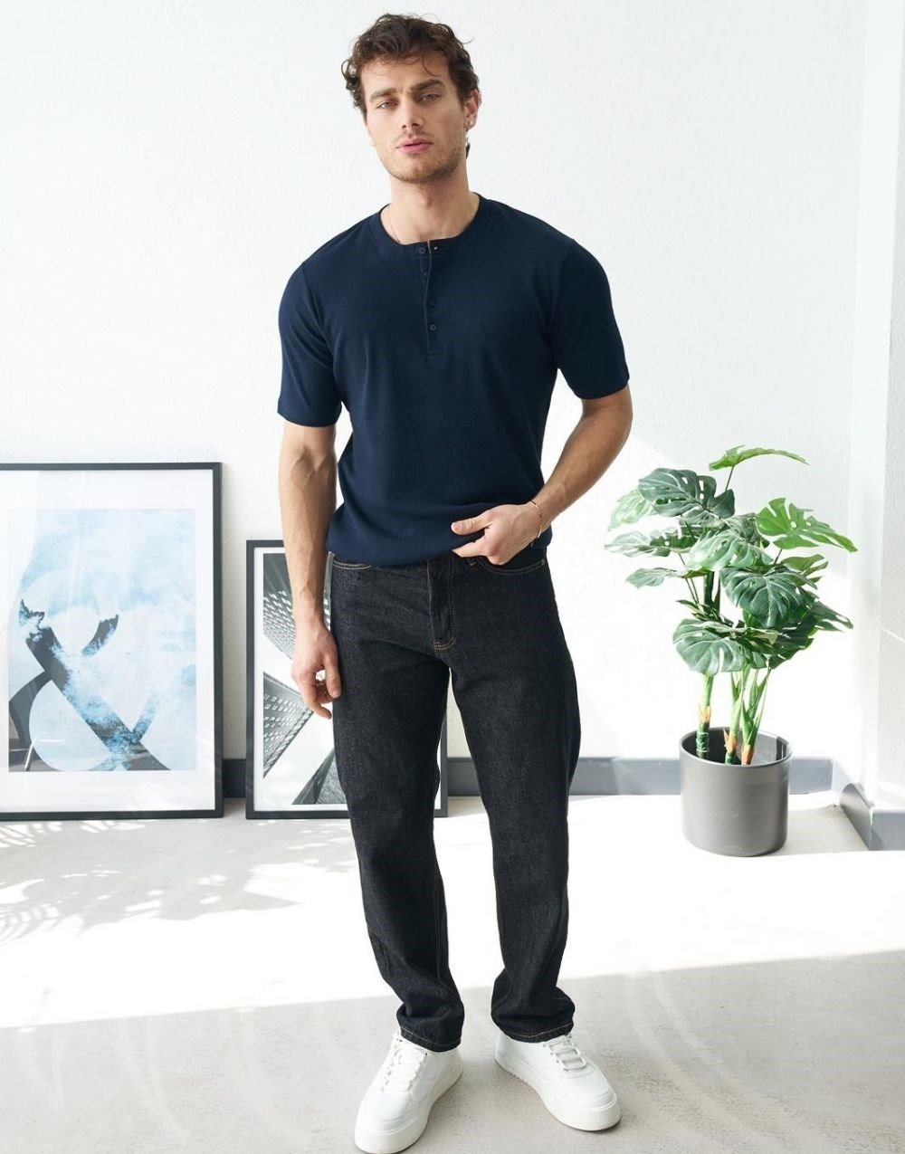 Erkek Lacivert Fitilli Henley Yaka Basic TişörtErkek Lacivert Fitilli Henley Yaka Basic Tişört