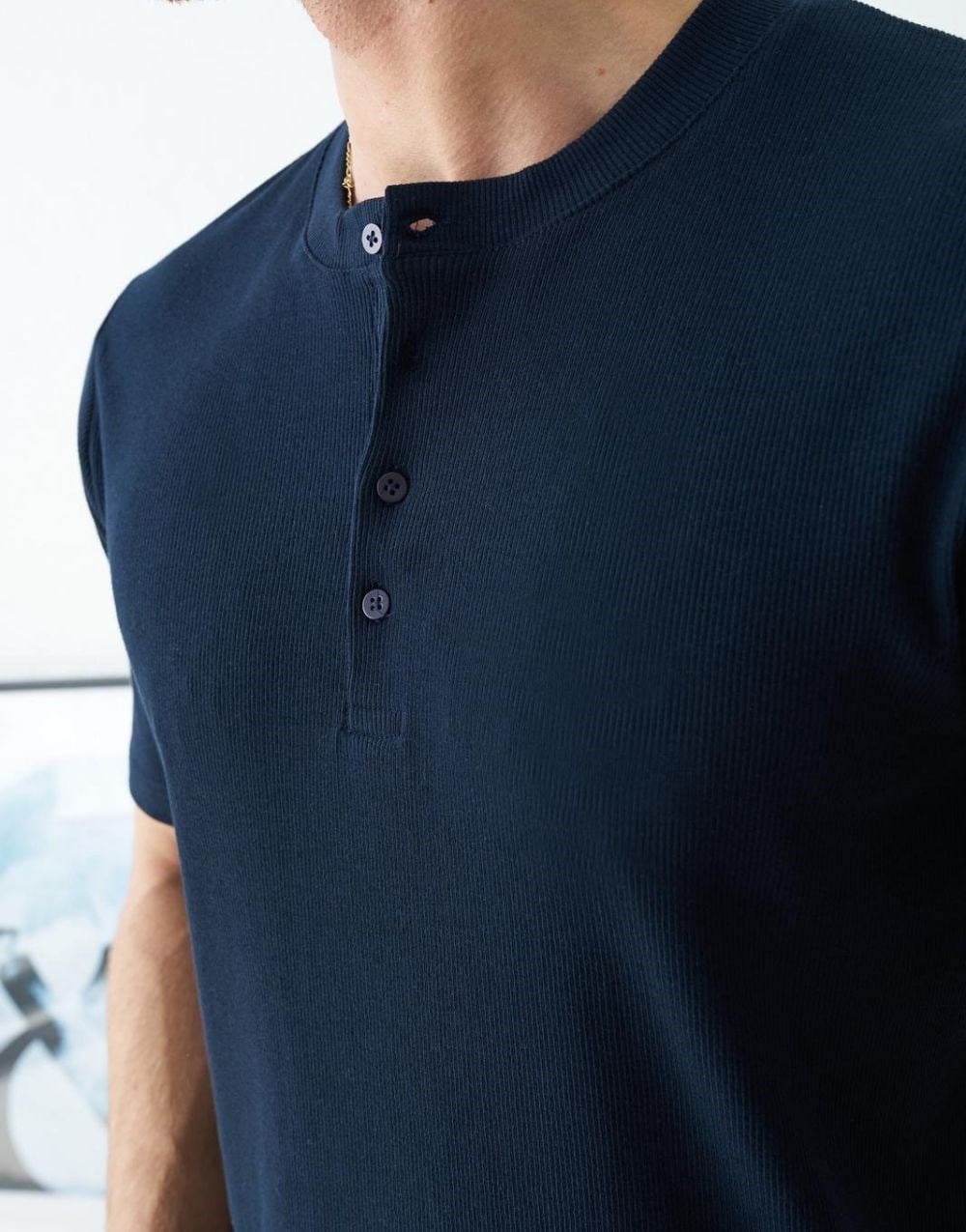 Erkek Lacivert Fitilli Henley Yaka Basic TişörtErkek Lacivert Fitilli Henley Yaka Basic Tişört
