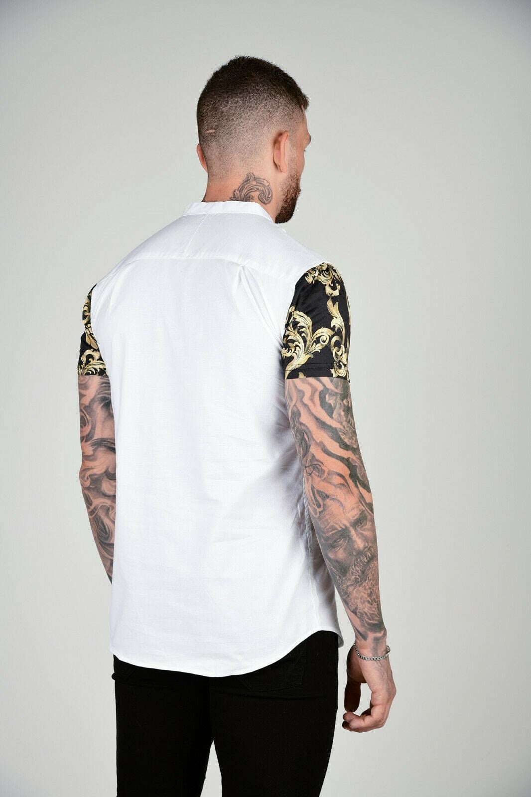 Grandad Collar Oxford Shirt - White & GoldSikSilk S/S Grandad Collar Oxford Shirt - White & Gold