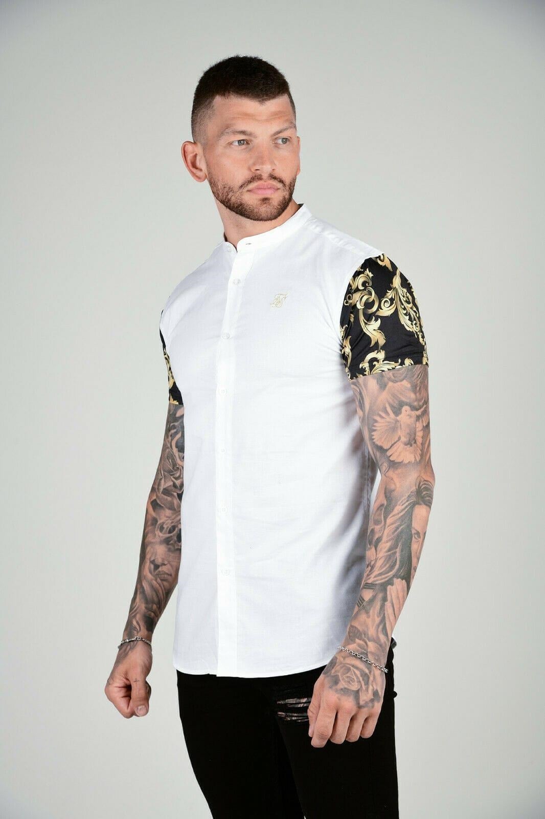 Grandad Collar Oxford Shirt - White & GoldSikSilk S/S Grandad Collar Oxford Shirt - White & Gold