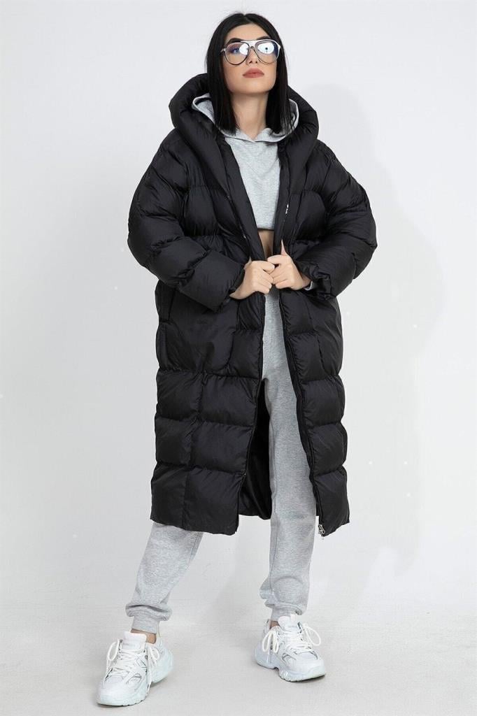 Kapüşonlu Uzun Oversize Şişme Kadın Mont - SiyahKapüşonlu Uzun Oversize Şişme Kadın Mont - Siyah