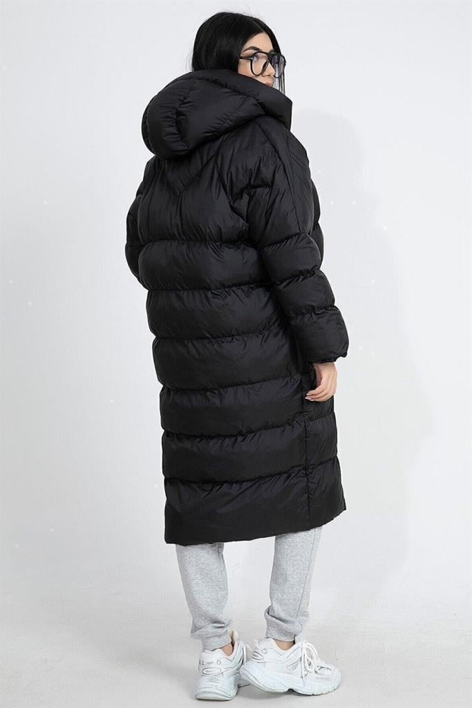 Kapüşonlu Uzun Oversize Şişme Kadın Mont - SiyahKapüşonlu Uzun Oversize Şişme Kadın Mont - Siyah