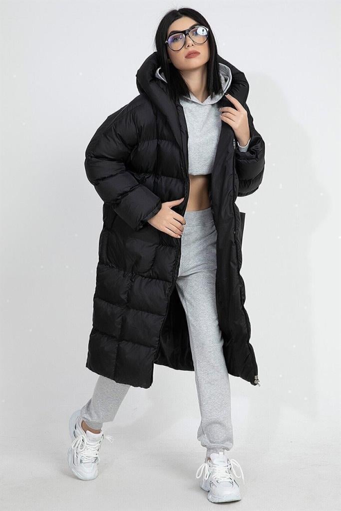 Kapüşonlu Uzun Oversize Şişme Kadın Mont - SiyahKapüşonlu Uzun Oversize Şişme Kadın Mont - Siyah