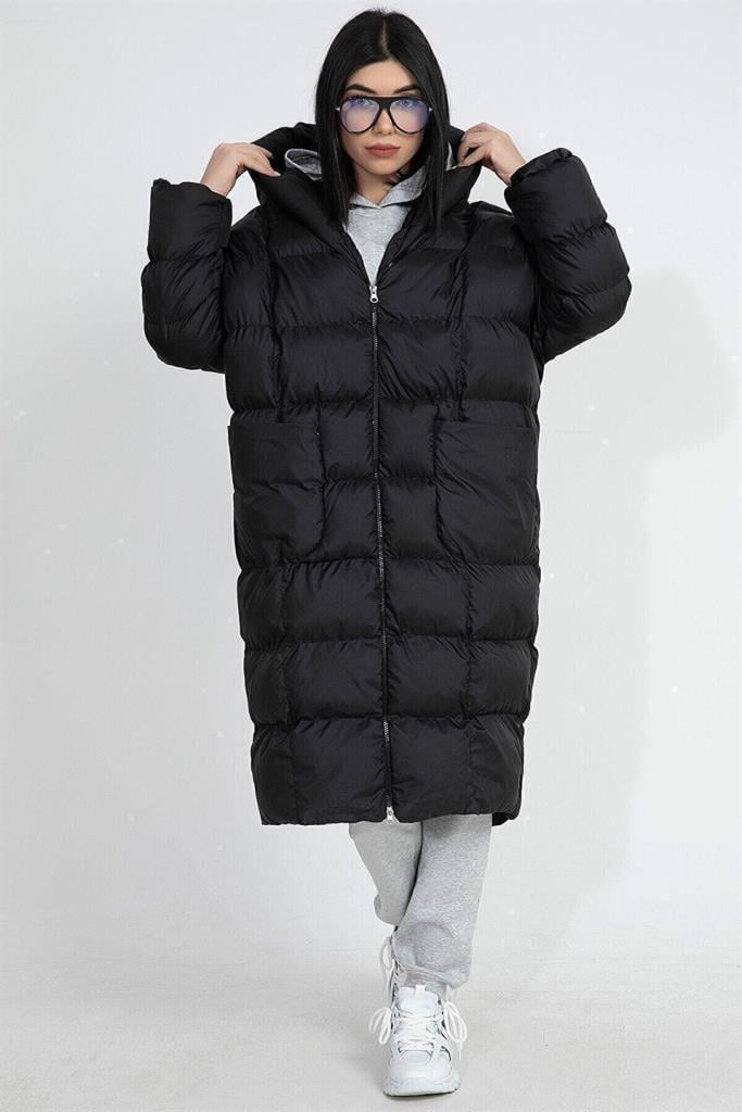 Kapüşonlu Uzun Oversize Şişme Kadın Mont - SiyahKapüşonlu Uzun Oversize Şişme Kadın Mont - Siyah