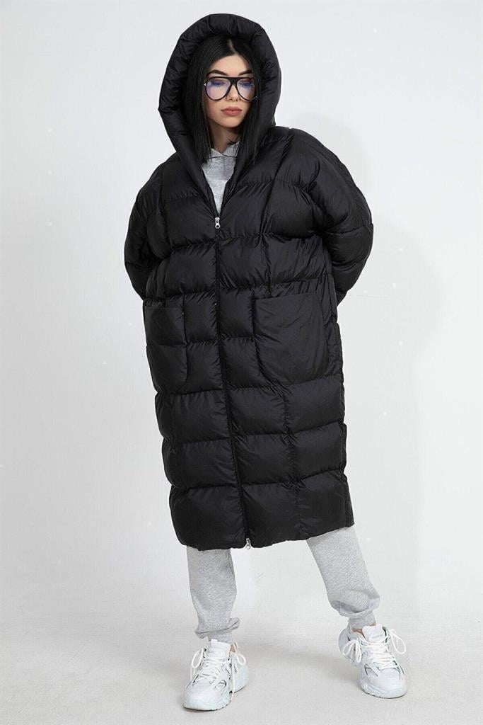 Kapüşonlu Uzun Oversize Şişme Kadın Mont - SiyahKapüşonlu Uzun Oversize Şişme Kadın Mont - Siyah