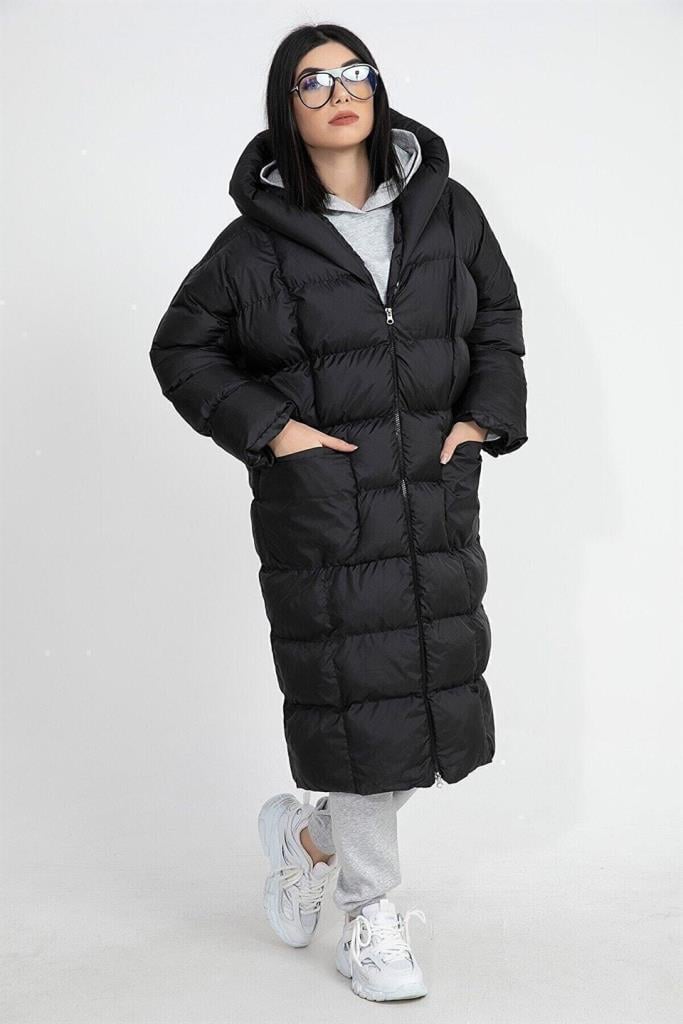 Kapüşonlu Uzun Oversize Şişme Kadın Mont - SiyahKapüşonlu Uzun Oversize Şişme Kadın Mont - Siyah