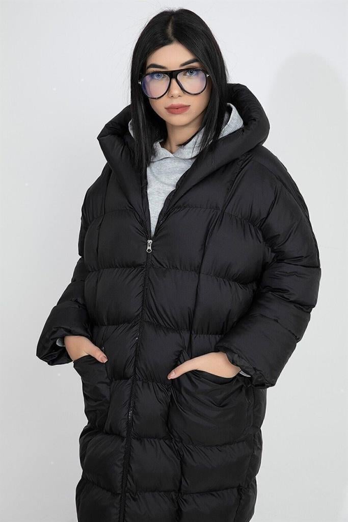 Kapüşonlu Uzun Oversize Şişme Kadın Mont - SiyahKapüşonlu Uzun Oversize Şişme Kadın Mont - Siyah
