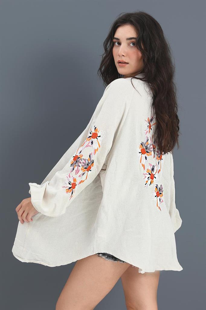 Kimono Reglan Kol Nakışlı Keten - TaşKimono Reglan Kol Nakışlı Keten - Taş
