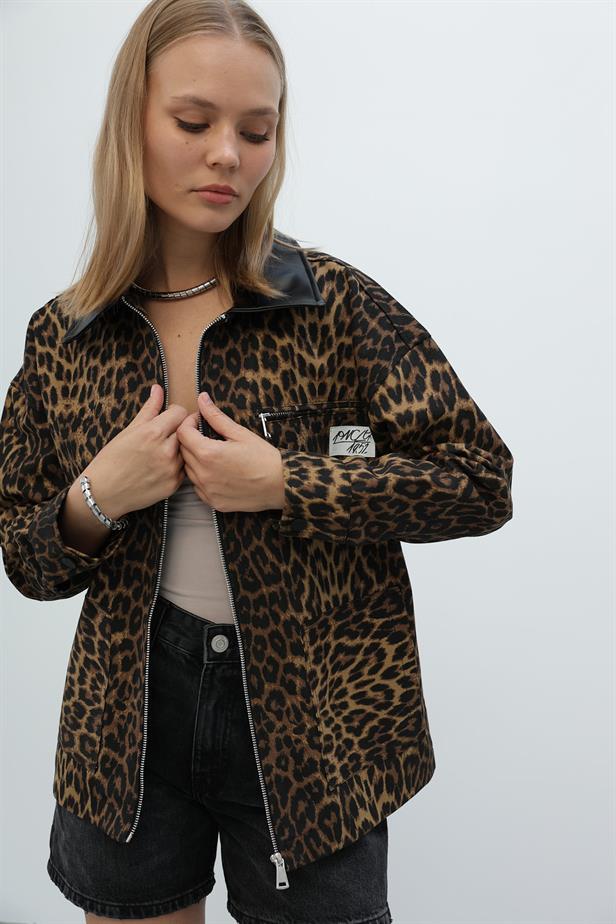 Leoparlı Kadın Ceket - Siyah Kahve