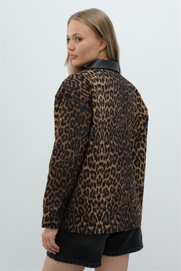 Leoparlı Kadın Ceket - Siyah Kahve