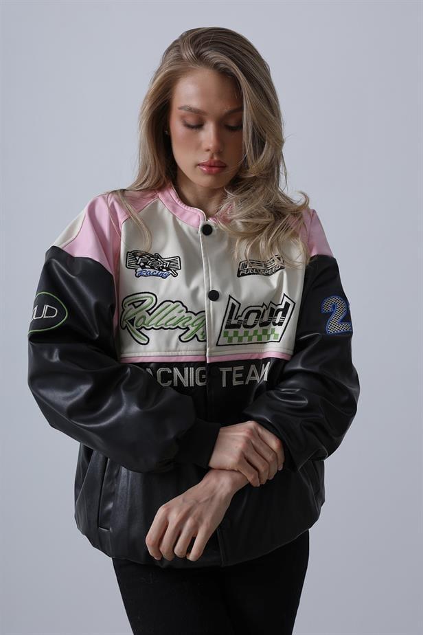 Motorcu Kadın Biker Ceket - Siyah-Pembe-EkruMotorcu Kadın Biker Ceket - Siyah-Pembe-Ekru