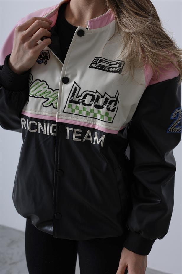 Motorcu Kadın Biker Ceket - Siyah-Pembe-EkruMotorcu Kadın Biker Ceket - Siyah-Pembe-Ekru