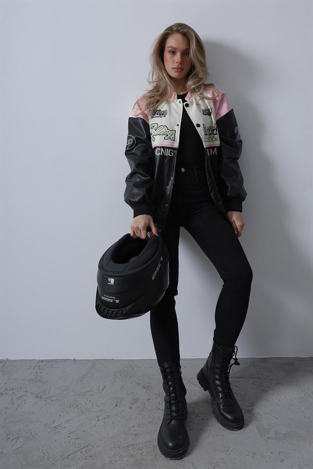 Motorcu Kadın Biker Ceket - Siyah-Pembe-EkruMotorcu Kadın Biker Ceket - Siyah-Pembe-Ekru