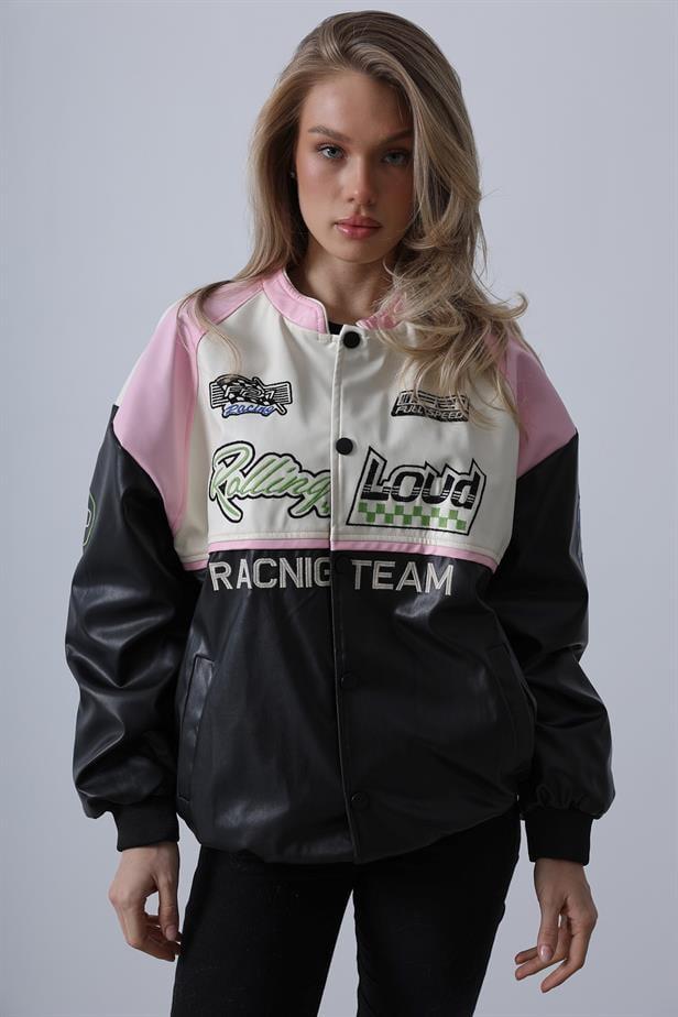 Motorcu Kadın Biker Ceket - Siyah-Pembe-EkruMotorcu Kadın Biker Ceket - Siyah-Pembe-Ekru