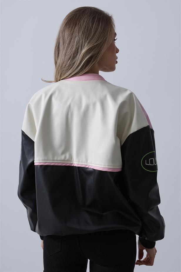 Motorcu Kadın Biker Ceket - Siyah-Pembe-EkruMotorcu Kadın Biker Ceket - Siyah-Pembe-Ekru