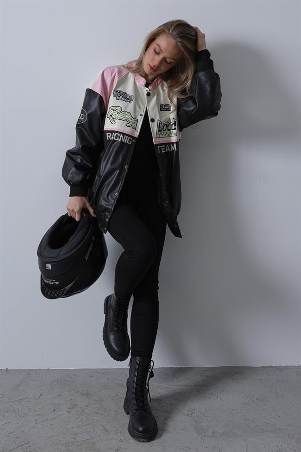 Motorcu Kadın Biker Ceket - Siyah-Pembe-EkruMotorcu Kadın Biker Ceket - Siyah-Pembe-Ekru