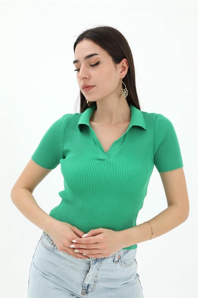Polo Yakalı Kısa Kol Triko Kazak - YeşilPolo Yakalı Kısa Kol Triko Kazak - Yeşil