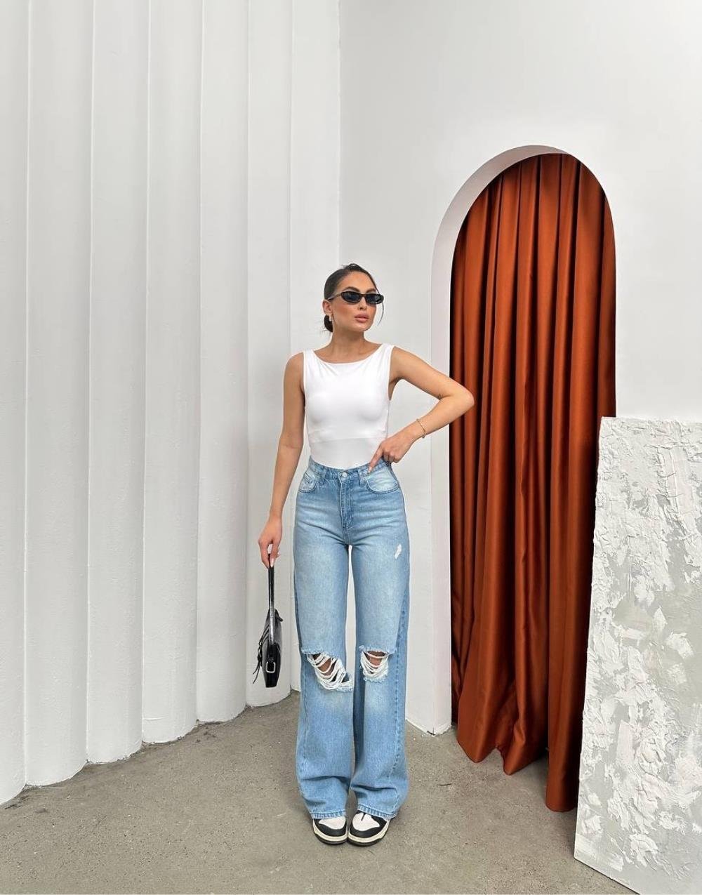 Premium Baggy Yırtmaç Kot PantolonBear Yüksek Bel Bol Paça Kadın Baggy Kot Pantolon