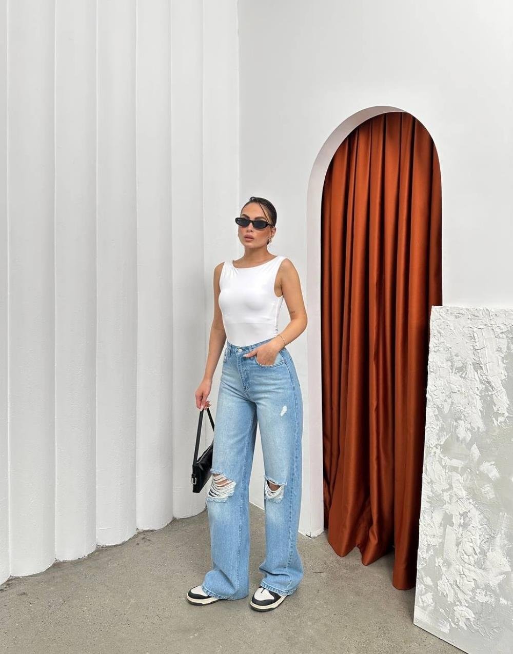 Premium Baggy Yırtmaç Kot PantolonBear Yüksek Bel Bol Paça Kadın Baggy Kot Pantolon