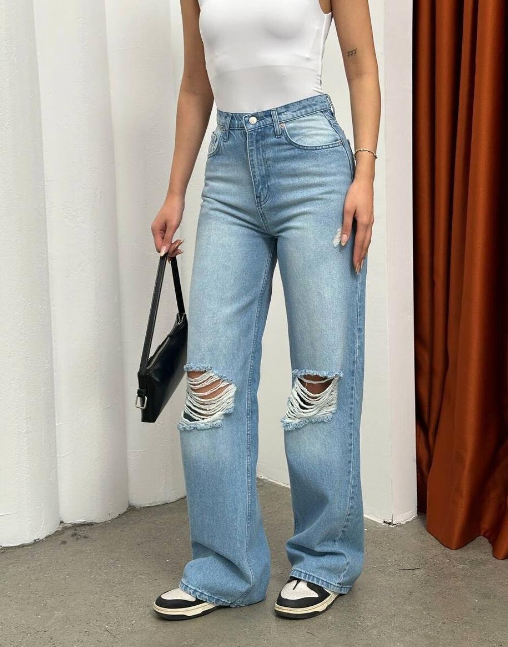 Premium Baggy Yırtmaç Kot PantolonBear Yüksek Bel Bol Paça Kadın Baggy Kot Pantolon