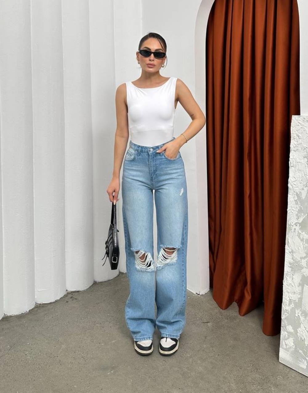 Premium Baggy Yırtmaç Kot PantolonBear Yüksek Bel Bol Paça Kadın Baggy Kot Pantolon