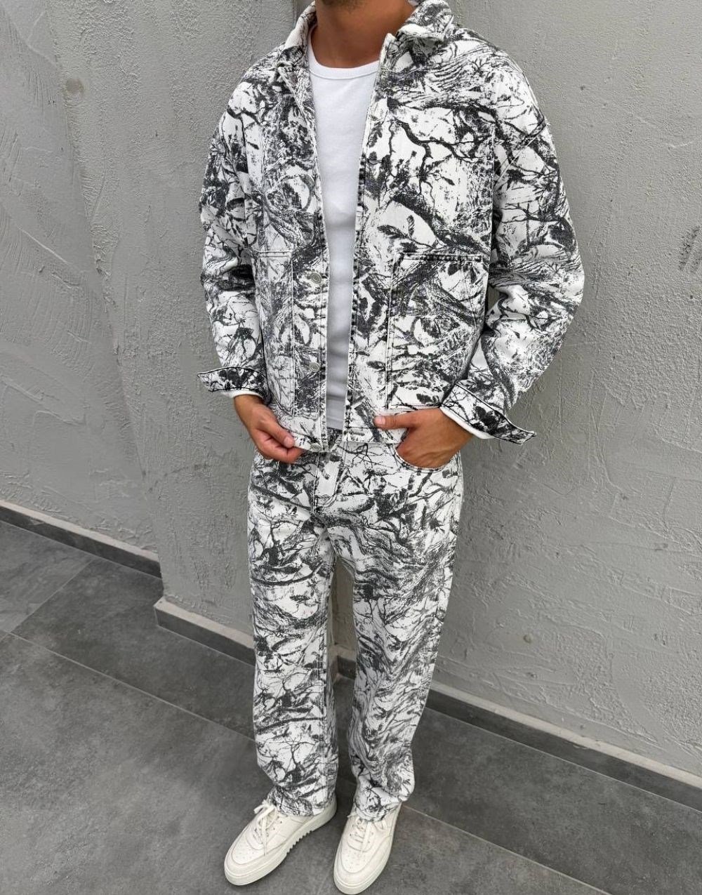 Premium Oversize Botanical Print Kot Pantolon Ceket Takım