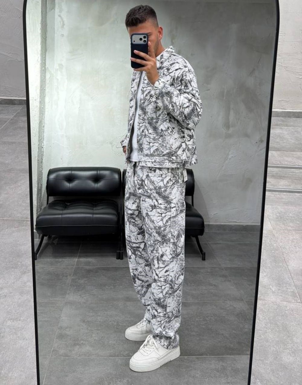 Premium Oversize Botanical Print Kot Pantolon Ceket Takım