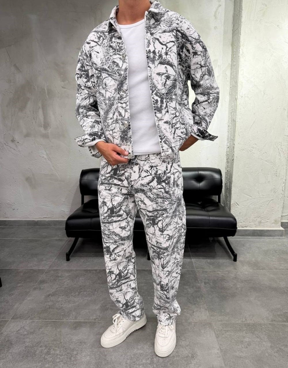 Premium Oversize Botanical Print Kot Pantolon Ceket Takım